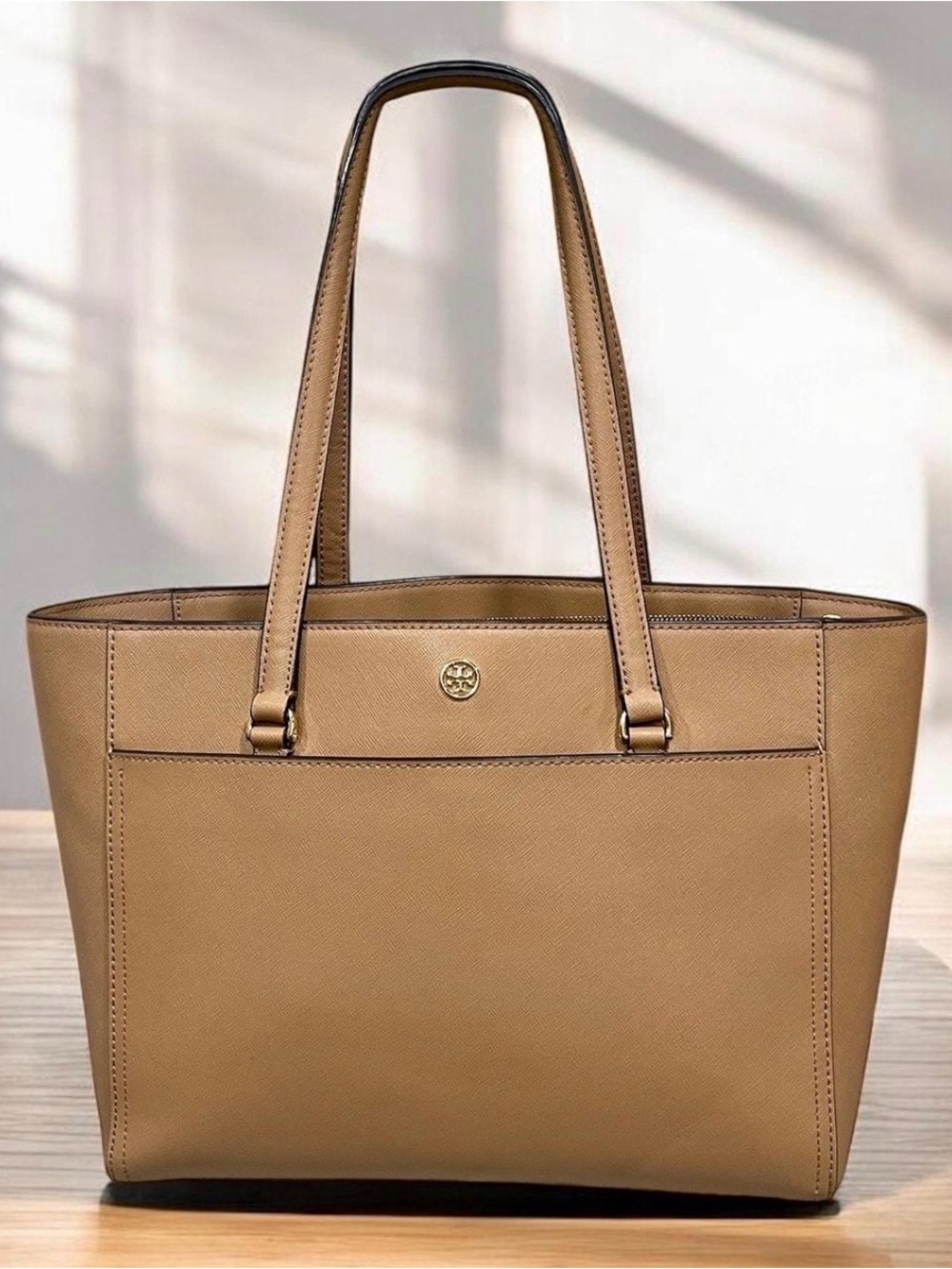 Tory Burch Robinson Camel Leather Tote Bag with Gold Hardware